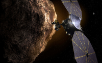 Lucy spacecraft approaching an asteroid